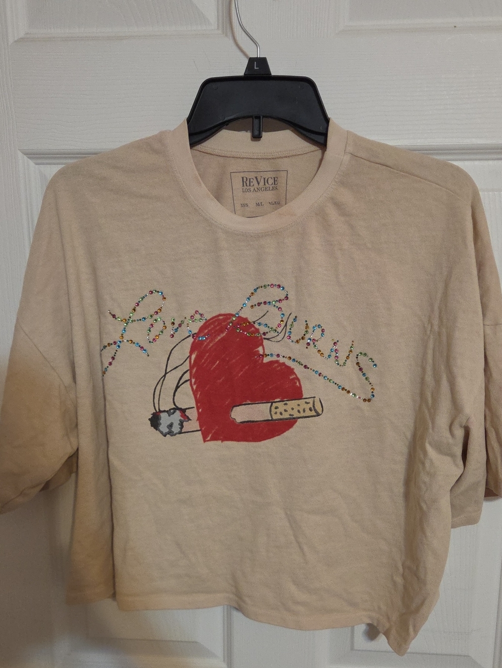 REVICE Beige Short-Sleeve Tee with Red Heart and Embellished Script